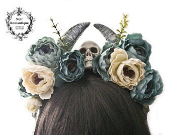 Gothic flower horn and skull headband-gothic skull headpiece-  flower headpiece-skull headpiece-horn headpiece-ready to ship