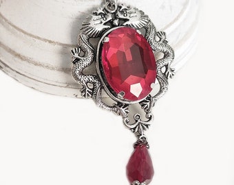 Valentine's Day-Silver dragon pendant with red gem-gothic necklace-dragon pendant