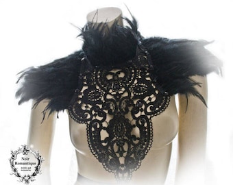 Black swan lace and feather collar-feather neckpiece-feather collar-lace and feather neck and shoulder piece-gothic collar