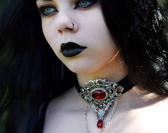 Black Velvet Victorian Gothic Choker with ruby gem-Gothic Choker-Victorian Choker-Black Velvet Choker-Choker