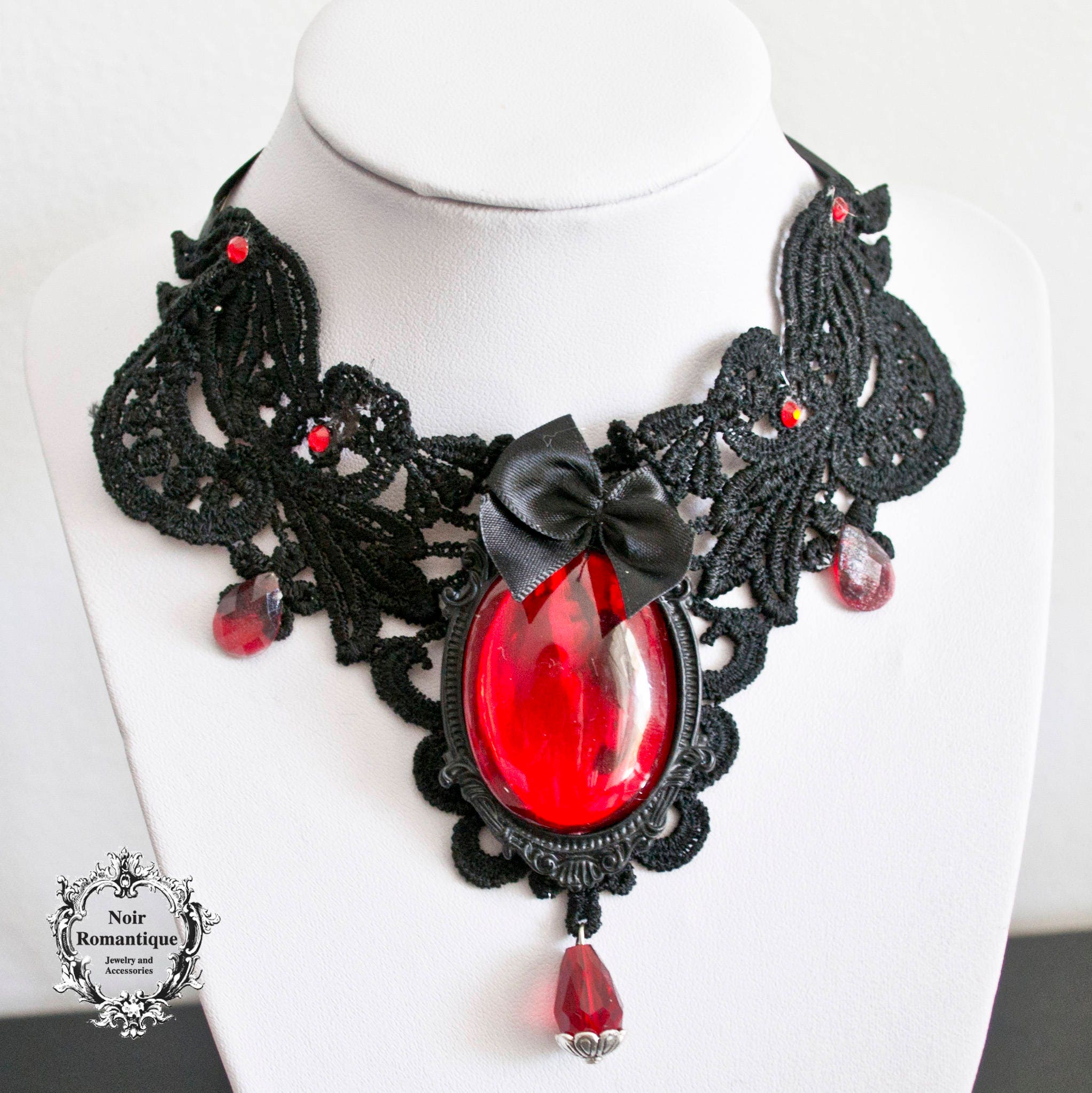 Black Lace Gothic Choker With Red Gem-gothic Lace | Etsy