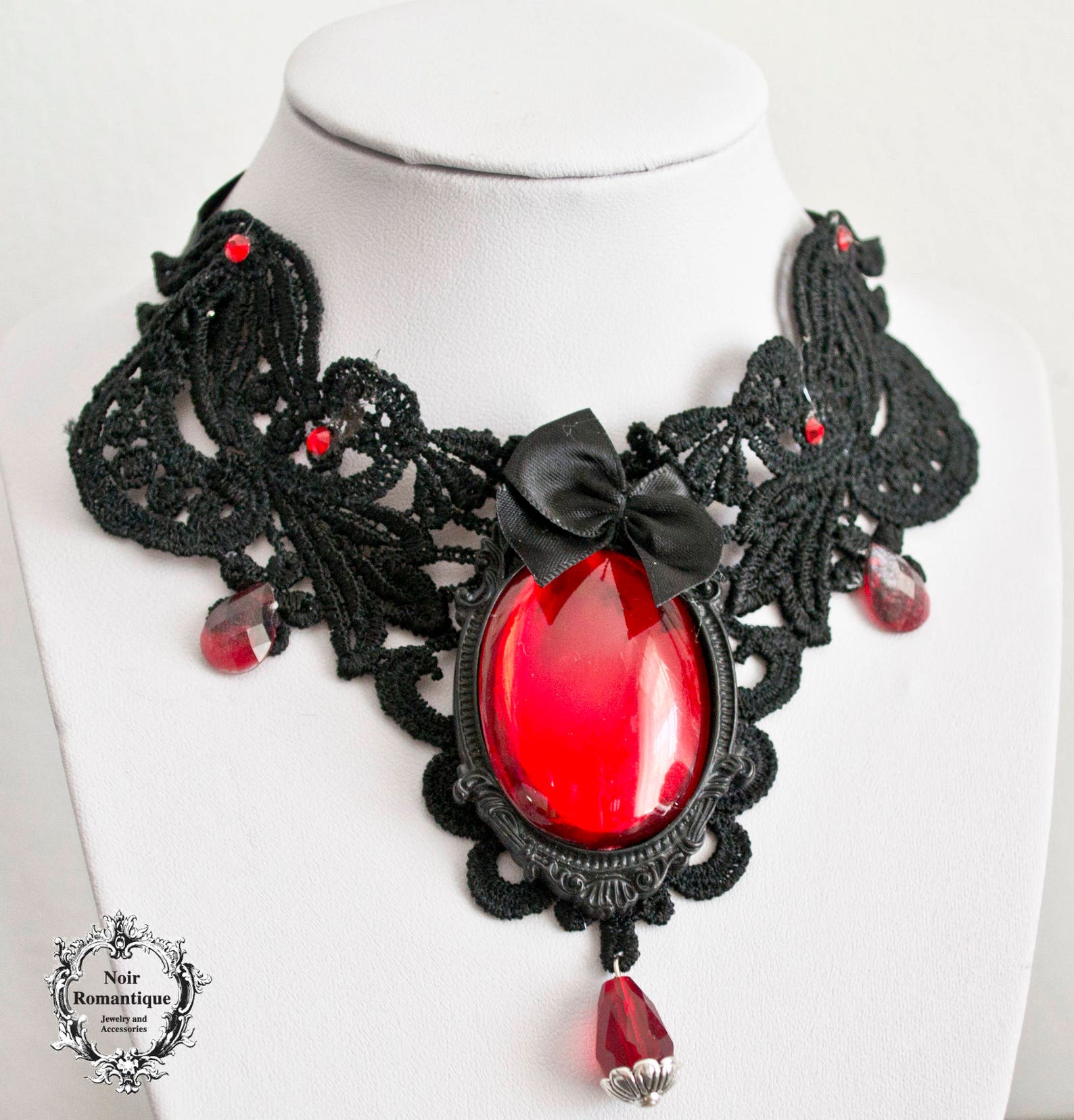 Black Lace Gothic Choker With Red Gem-gothic Lace Choker-choker ...
