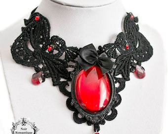 Black lace gothic choker with red gem-gothic lace choker-choker-adjustable