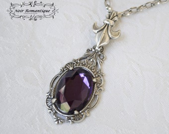 Fleur de Lis Silver Ornate Drop Pendant with purple gem-Victorian Gothic Jewelry-Gothic Victorian Necklace Charm