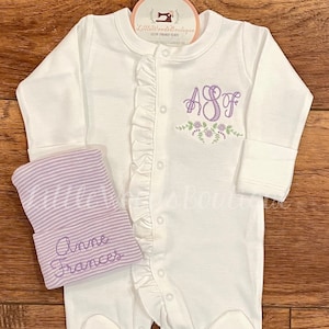 Ruffle Baby Footie - Newborn Take Home Outfit - Baby Girl Coming Home Outfit - Monogrammed Baby Outfit - Purple/Lavender Embroidery