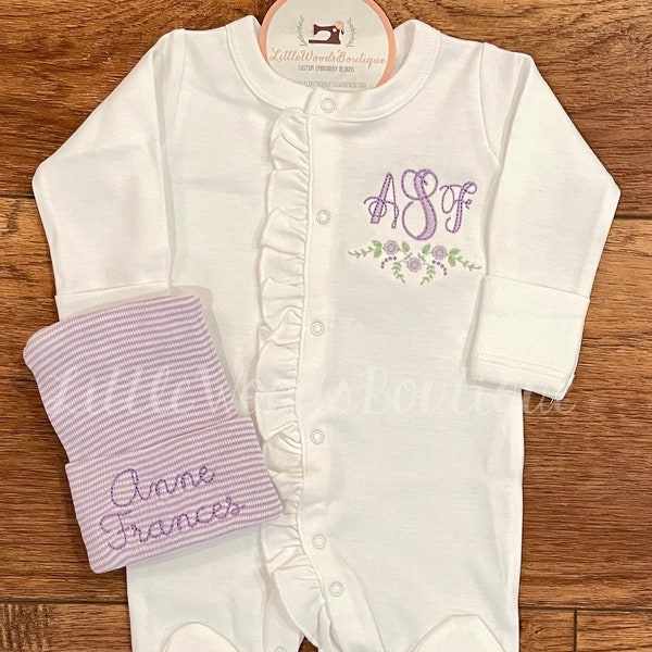 Newborn Take Home Outfit - Baby Girl Coming Home Outfit - Ruffle Baby Footie - Monogrammed Baby Outfit - Purple/Lavender Embroidery