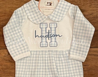 Newborn Blue Gingham Take Home Outfit - Baby Boy Coming Home Outfit - Gingham Baby Footie - Monogrammed Baby Outfit -Peter Pan Collar Footie