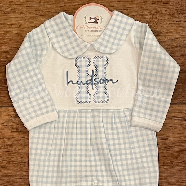 Gingham Baby Footie - Newborn Blue Gingham Take Home Outfit - Baby Boy Coming Home Outfit - Monogrammed Baby Outfit -Peter Pan Collar Footie