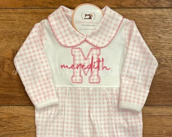 Newborn Pink Gingham Take Home Outfit - Baby Girl Coming Home Outfit - Gingham Baby Footie -Monogrammed Baby Outfit -Peter Pan Collar Footie