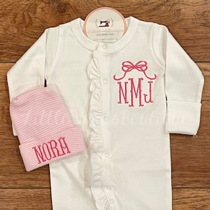 Ruffle Baby Footie - Newborn Take Home Outfit - Baby Girl Coming Home Outfit - Monogrammed Baby Outfit