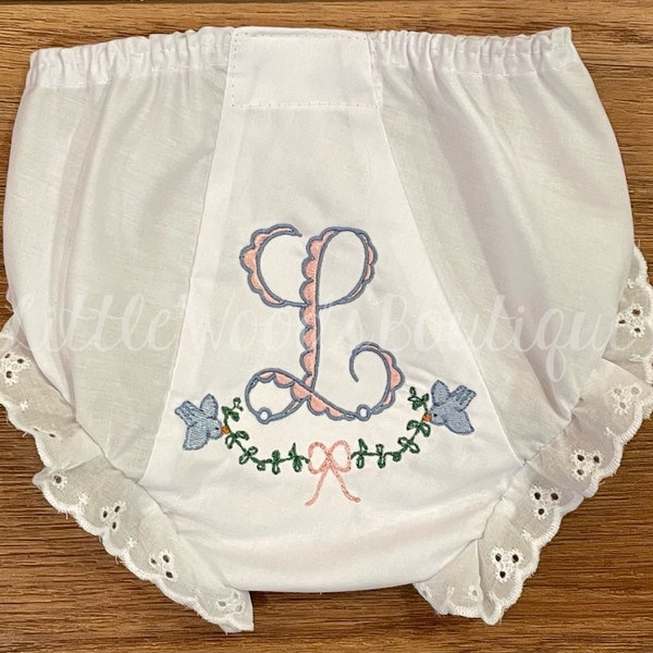 Baby Girl Initial Bloomers - Inital Diaper Cover - Bird Wreath Bow - Dainty Monogram - Monogrammed Bloomers