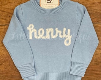 Crew Neck Sweater - Blue Appliquéd Name Sweater - Boy Crew Neck Sweater - Appliquéd Name Sweater - Baby Blue