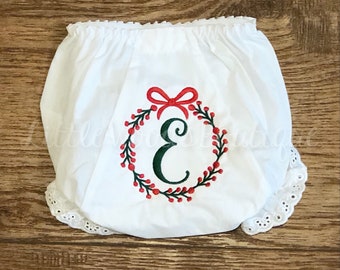 Baby Girl Christmas Bloomers - Inital Diaper Cover - Monogrammed Bloomers - Christmas  Bloomers - Berry Wreath Bloomers