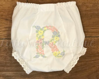 Pink Blue Yellow Floral Letter Diaper Cover - Eyelet Baby Bloomers - Personalized Diaper Cover - Inital Floral Bloomers - Baby Bloomers