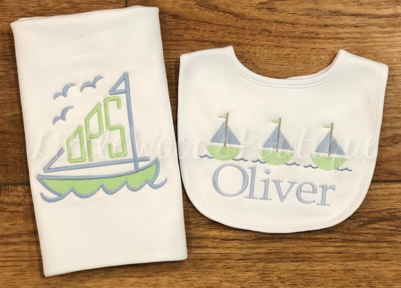 Baby Boy Bib and Burp Cloth Set Sailboat Monogram Etsy