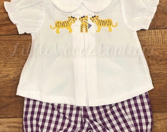 Peter Pan Collar Tiger/Cheerleader Shirt and Purple Gingham Bubble Shorts - Tiger Girl Gift