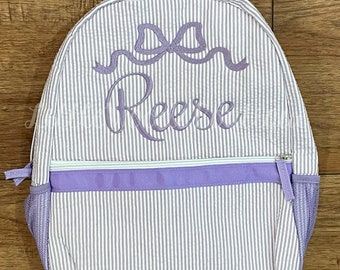 Purple Seersucker Backpack with Bow Name Frame