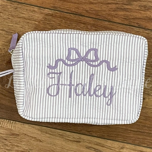 Purple Seersucker Snack Bag/Toiletry Bag  with Bow Name Topper