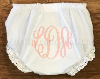 Monogrammed Eyelet Diaper Cover - White Bloomers - Baby Girl Bloomers - Diaper Cover - Circle Script Monogram