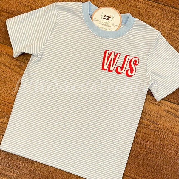 Boys Knit Stripe Short Sleeve Shirt with Monogram - Baby Blue Stripe Shirt - Little Woods Boutique