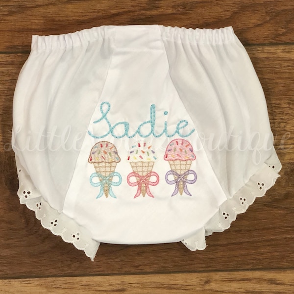 Ice Cream with Bows Personalized Bloomers - Personalized Diaper Cover - Summer Baby Bloomers - Baby Gift - Cute Baby Girl Gift