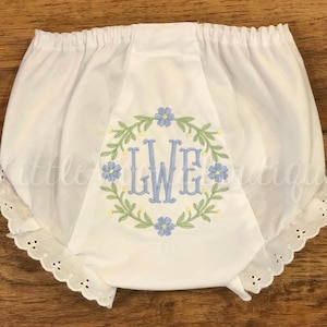 Bloomers - Floral Wreath Monogrammed Diaper Cover - Dainty Monogram - Floral Bloomers - Baby Bloomers - Baby Gift - Cute Baby Girl Gift