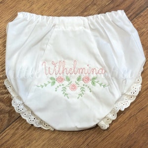 Floral Spray With Name Diaper Cover Dainty Monogram Floral Bloomers Pink Baby Bloomers Baby Gift Cute Baby Girl Gift image 1