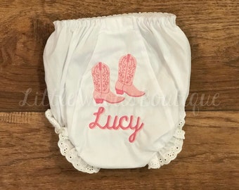 Pink Cowboy Boots With Name Diaper Cover - Western Bloomers - Rodeo Bloomers - Pink - Baby Bloomers - Baby Gift - Cute Baby Girl Gift