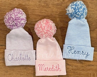 Newborn Hospital Hats - Striped Hospital Newborn Hat - Personalized Baby Hat - Striped PomPom Baby Hat - Monogrammed Baby Hat