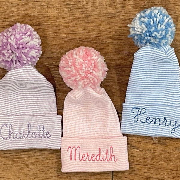 Newborn Hospital Hats - Striped Hospital Newborn Hat - Personalized Baby Hat - Striped PomPom Baby Hat - Monogrammed Baby Hat