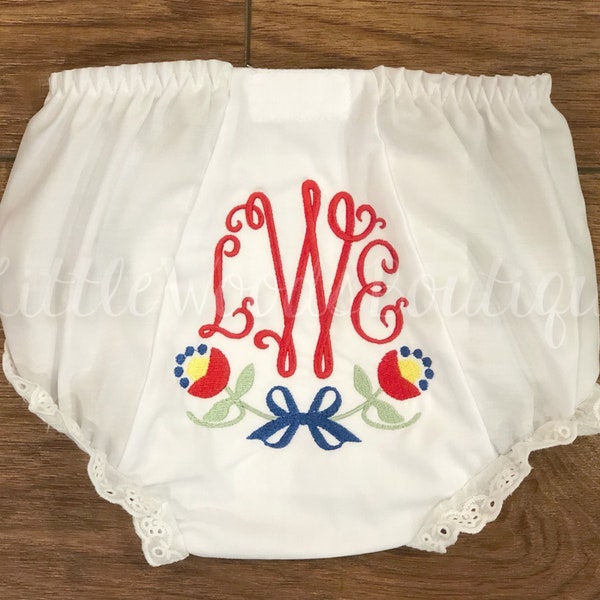 Folksy Flower Monogrammed Diaper Cover - Floral Bloomers - Primary Color Monogram - Baby Bloomers - Baby Gift - Cute Baby Girl Gift
