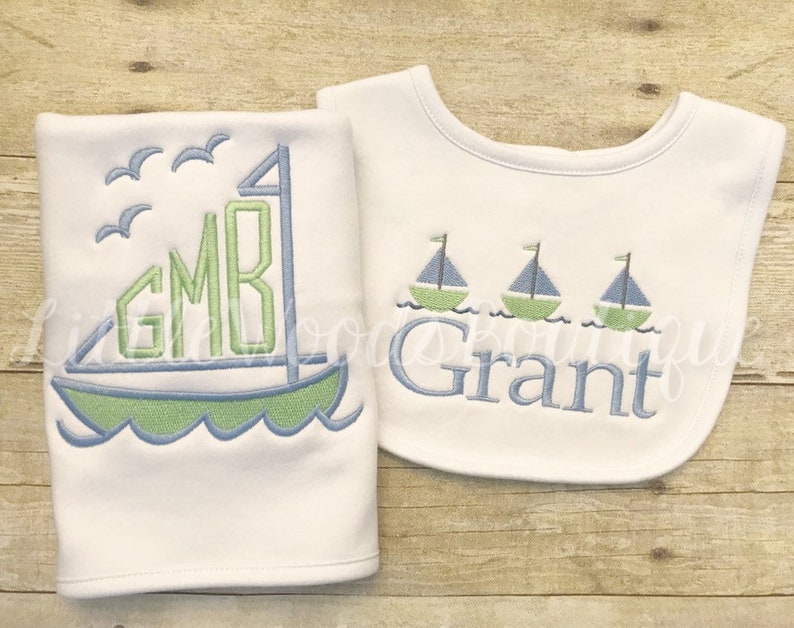 Baby Boy Bib and Burp Cloth Set Sailboat Monogram Etsy