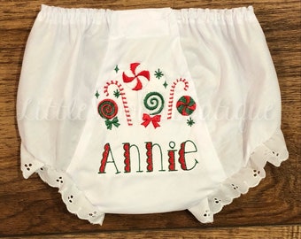 Baby Girl Christmas Bloomers - Name Diaper Cover - Monogrammed Bloomers - Christmas  Candy Bloomers - Whimsical Christmas  Bloomers