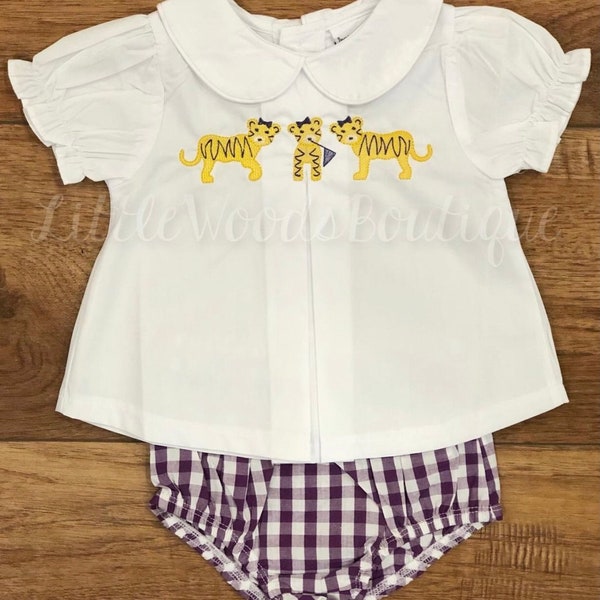 Peter Pan Collar Tiger Shirt and Purple Gingham Bloomers - Tiger Baby - Girl Gift