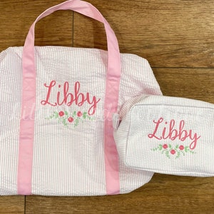 Seersucker Duffle Set - Pink Seersucker Duffle - Personalized Seersucker Duffle Bag - Personalized Name with Floral Spray Design