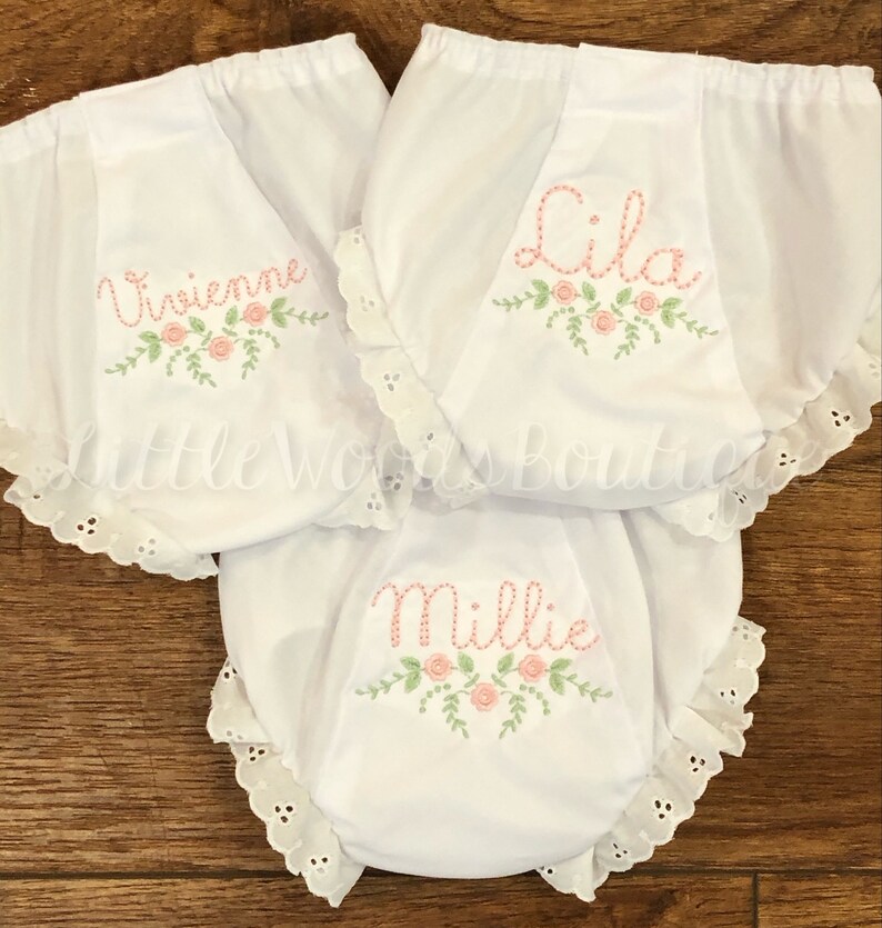 Floral Spray With Name Diaper Cover Dainty Monogram Floral Bloomers Pink Baby Bloomers Baby Gift Cute Baby Girl Gift image 2