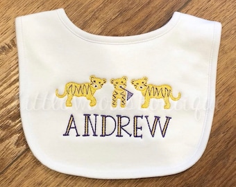 Plain Bib - Tiger Embroidered Bib - Baby bib   - Personalized Bib - Preppy Baby Boy Bib Purple and Gold - Tiger Trio Bib