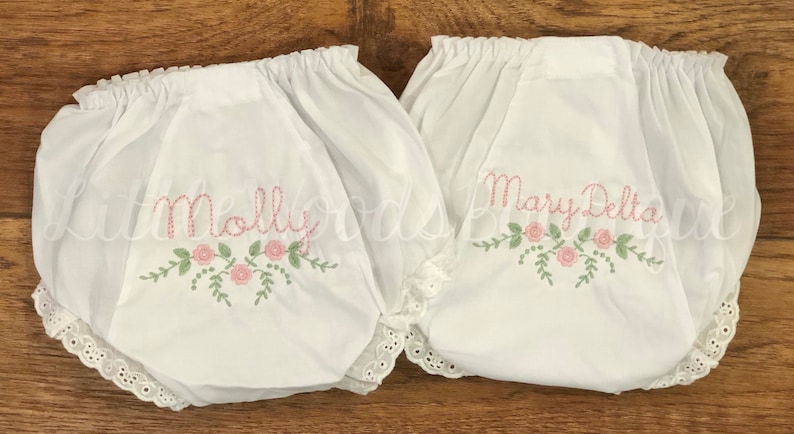 Floral Spray With Name Diaper Cover Dainty Monogram Floral Bloomers Pink Baby Bloomers Baby Gift Cute Baby Girl Gift image 3