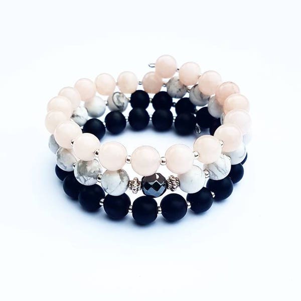 Persue you dreams mala bracelet wrap: onyx, howlite, faceted hematite, rose pink agate