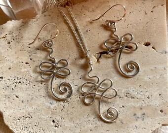 Sterling Silver Unalome Gift Set: Wire Wrapped Yoga Earrings & Necklace