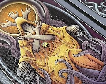 May include: A yellow-robed figure with multiple arms and a hooded head sits on a throne of purple tentacles. The figure is surrounded by a starry sky and a glowing orb.