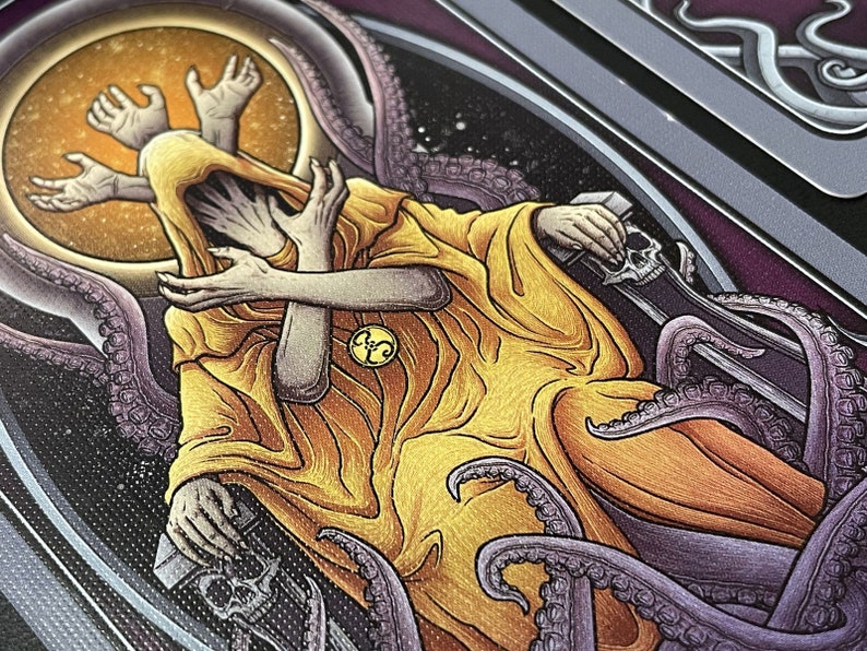 May include: A yellow-robed figure with multiple arms and a hooded head sits on a throne of purple tentacles. The figure is surrounded by a starry sky and a glowing orb.