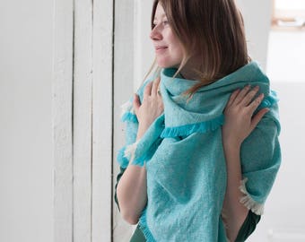 turquoise wool wrap shawl turquoise blue scarf merino wool shawl warm handmade shawl woven wool scarf
