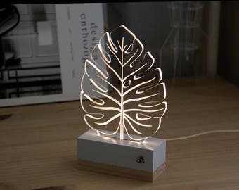 Leaf tropical monstera//nightlight // lamp 3d // nature // modern decoration // led // plexiglas // gift idea