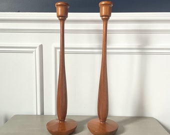 VINTAGE Dated 1967 MCM Handmade Extra Tall Wooden Candlestick Holders - Set of 2 - Indianapolis History