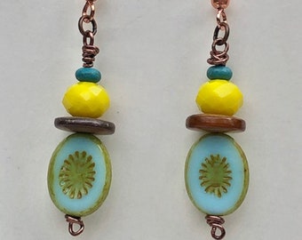 Colorful & Fun BoHo Dangle Earrings, Copper, Czech Beads, Yellow