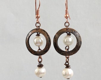 BoHo Copper Dangle Earrings, Pearls