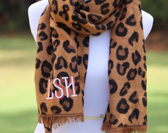 Monogrammed Leopard Print Scarf | Monogrammed Womens Scarf | Fringe Leopard Monogrammed Scarf | Monogrammed Leopard Print Scarf