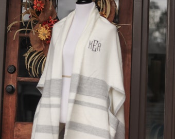 Monogrammed Womens Scarf | Shiraleah Cape Scarf | Stripe Monogrammed Cape Scarf | Ivory Monogrammed Stripe Scarf