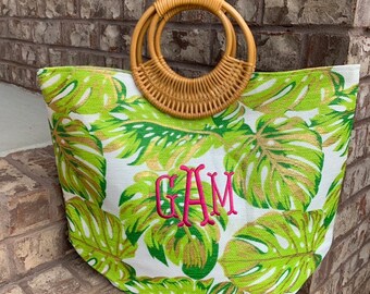 Monogrammed Green Palm Bamboo Tote Bag | Monogrammed Shiraleah Tay Green Tote | Monogrammed Green Beach Straw Tote